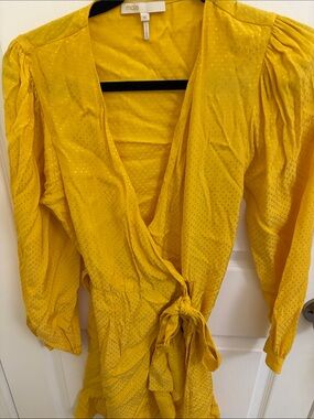 Maje Size 36 (US 1) - Long-Sleeve Yellow Wrap Dress with Ruffle Hem